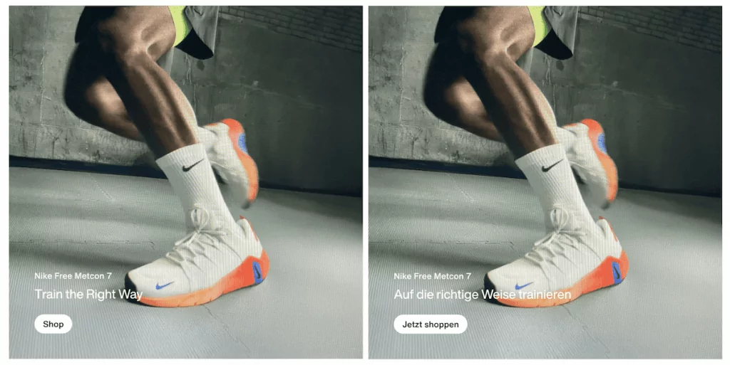 A portion of the Nike website showing both the German and English versions of a product panel.
