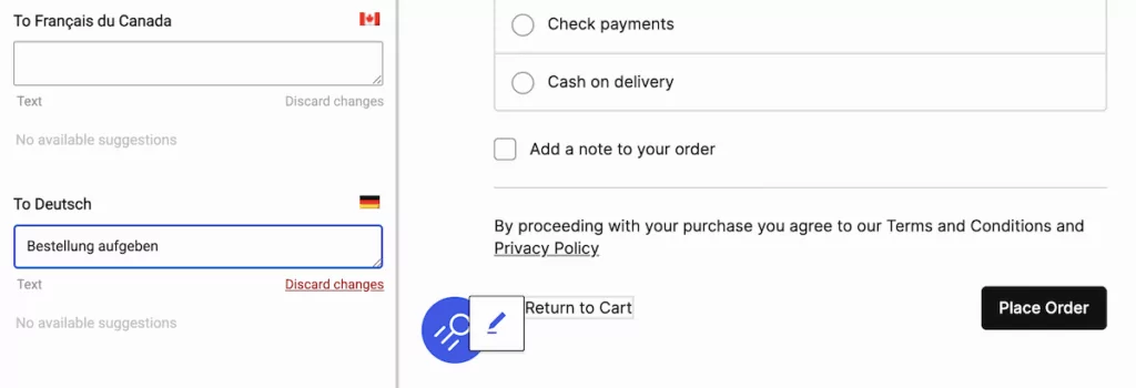 The TranslatePress visual editor open on a WooCommerce checkout page, showing a German CTA string being edited in the sidebar.