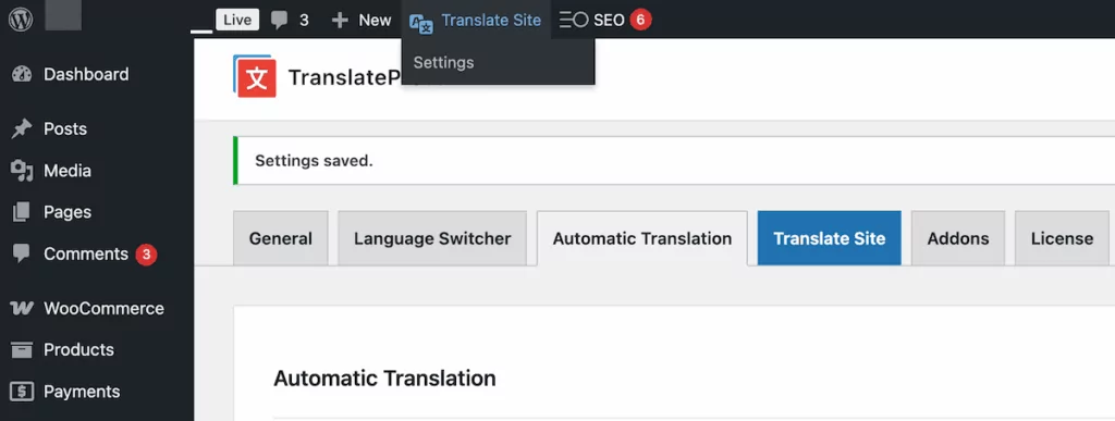 The WordPress toolbar with the Translate Site button visible.