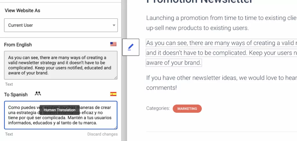 Modifier une traduction proposée dans l’éditeur de TranslatePress traduction. Une notification pop-up indique que c’est une traduction " humaine " et comprend une icône dédiée.