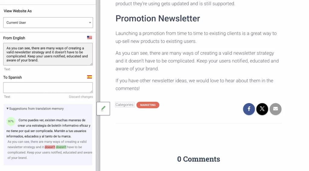 Une suggestion de mémoire de traduction présentant des modifications mises en évidence entre ce qui se trouve dans la mémoire et une suggestion presque similaire sur le site.