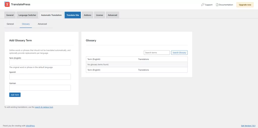 maintain translation consistency by adding glossary terms in translatepress