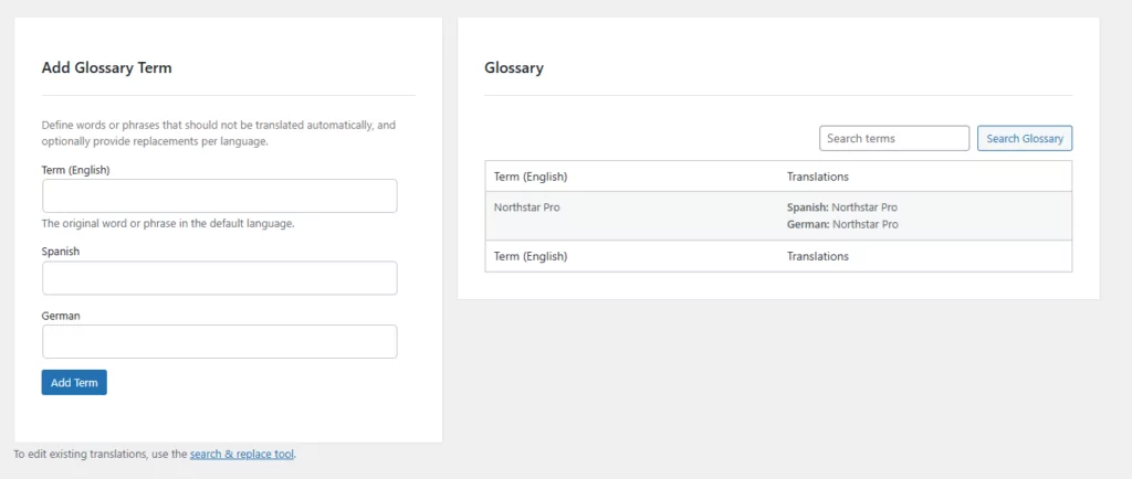 add glossary terms and approved translations in translatepress to maintain translation consistency