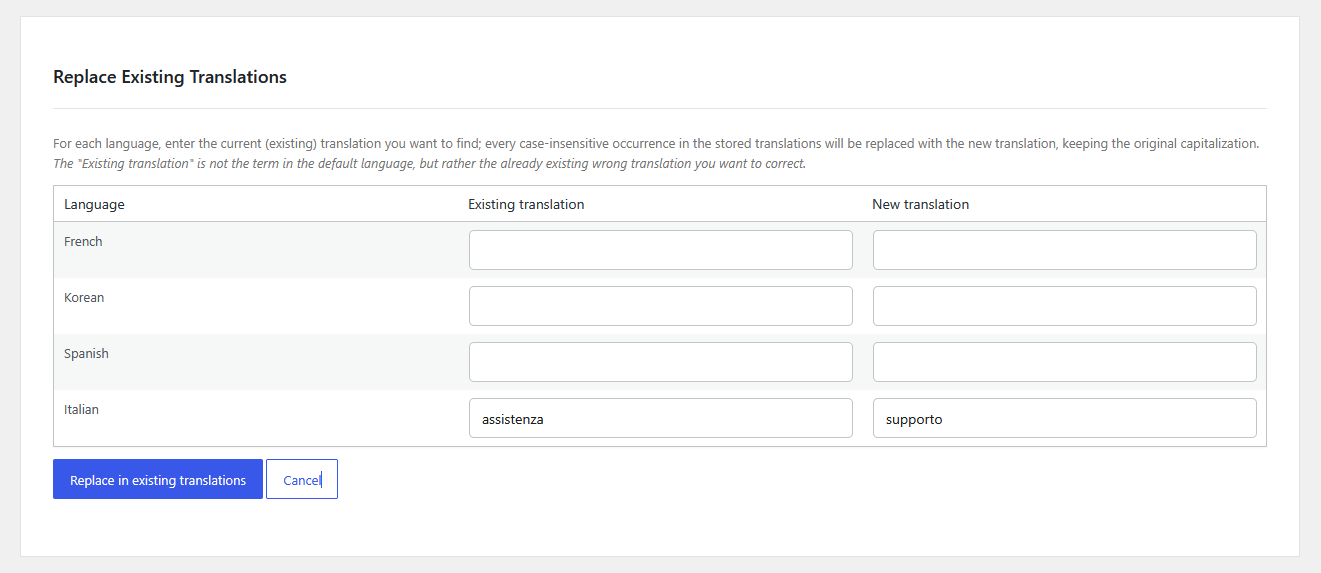 Remplacer les traductions existantes par des champs de traduction existante et de nouvelle traduction par langue