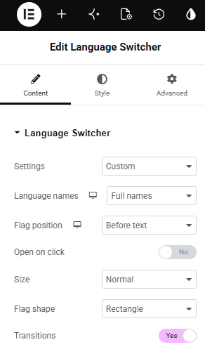 Customizing the language switcher widget in the Elementor interface