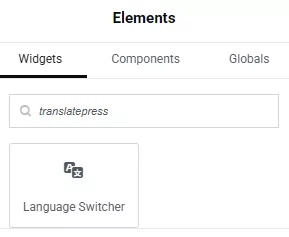 Searching for TranslatePress language switcher widget in the Elementor interface
