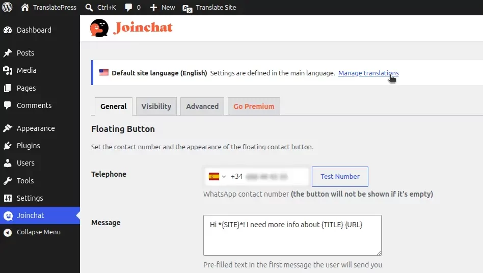 Accessing the Manage translations feature from the General tab of the Joinchat plugin