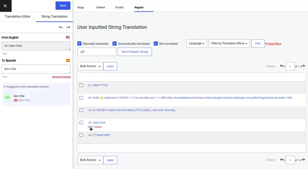 Translating Joinchat strings using String Translation Interface from TranslatePress