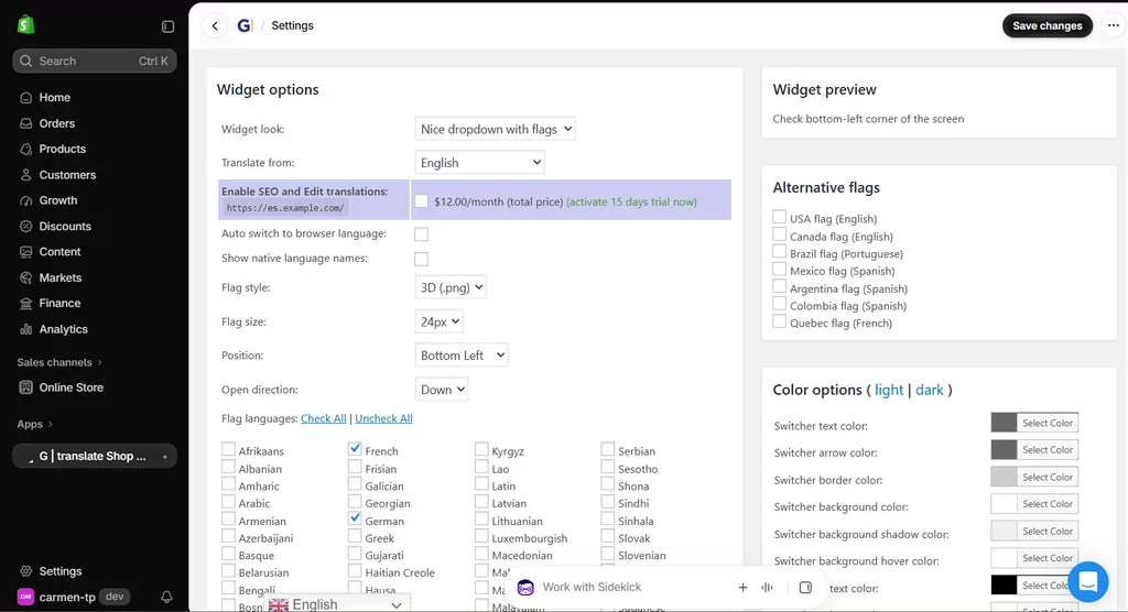 Tableau de bord de l'application Shopify GTranslate