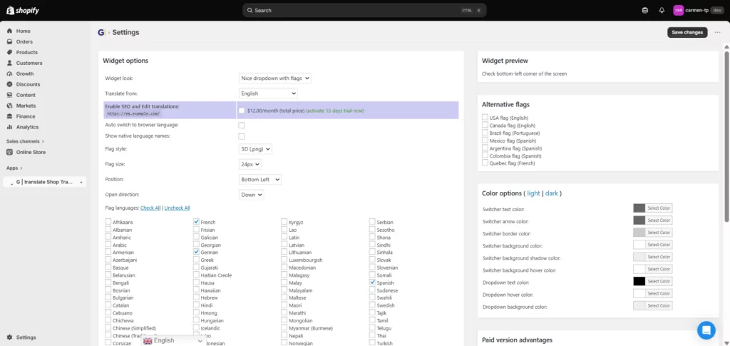 GTranslate Shopify App Dashboard