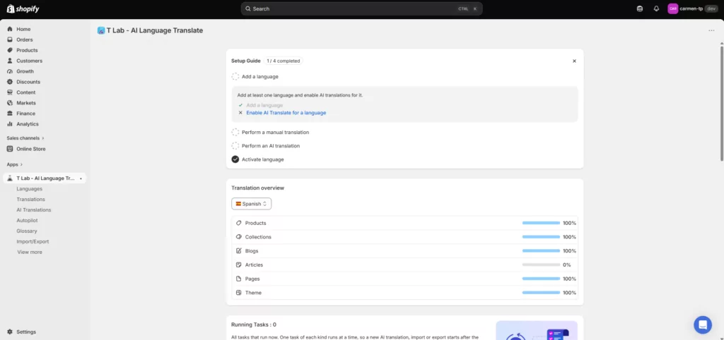 T Lab Shopify App Dashboard