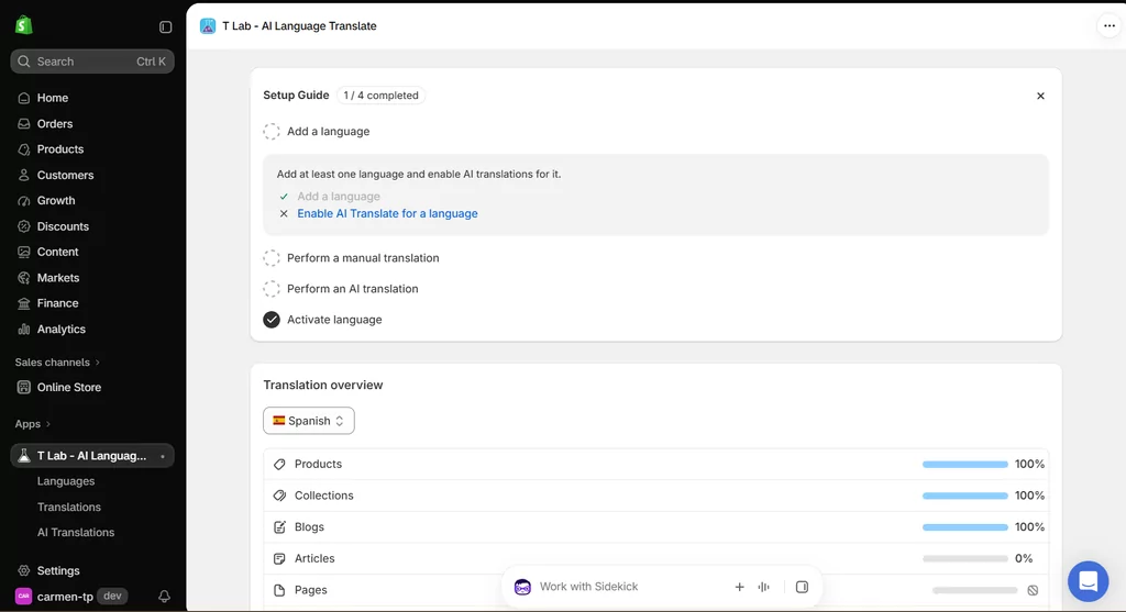 Tableau de bord de l’application TLab Shopify
