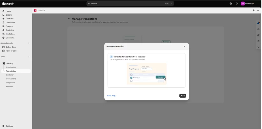 Transcy Shopify App Dashboard
