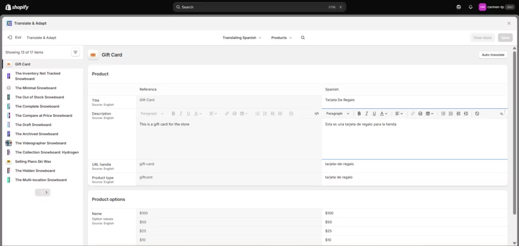 Translate & Adapt Shopify App Dashboard