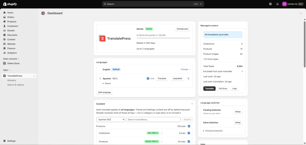 TranslatePress Shopify App Dashboard