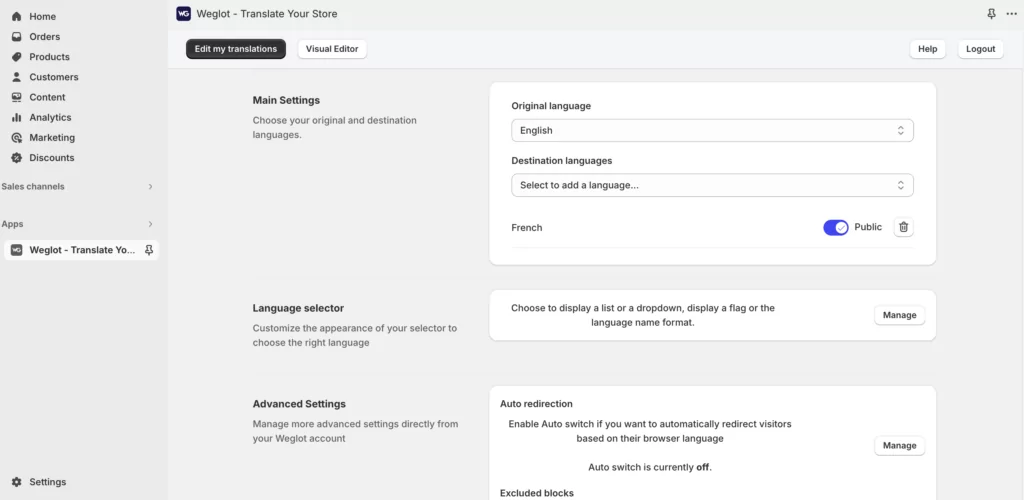 Weglot Translate Your Store Shopify App Dashboard