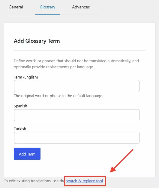 access translatepress search and replace tool