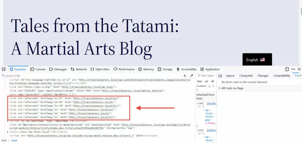 hreflang tags in site markup generated by translatepress