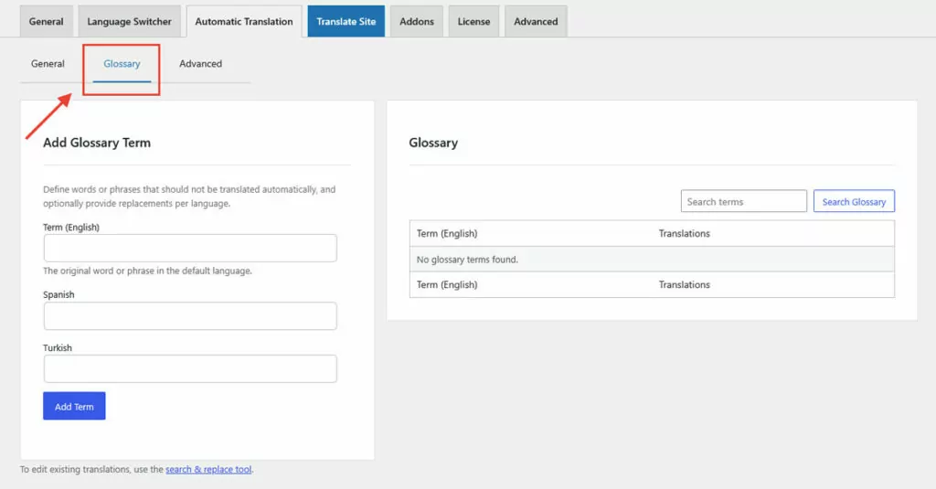 translatepress glossary menu